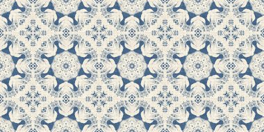 Eski püskü ev dekorasyonu için Fransız mavisi yorgan desenli kumaş kenar deseni. Kırsal çiftlik evi kır evi çiçekli keten sonsuz bant. Yamalı yorgan efekti kurdele kenarı