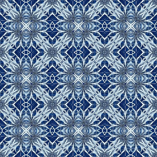 Indigo Blue Snow Flake Damask Pattern Background Frosty Painterly Effect — Stock Photo, Image