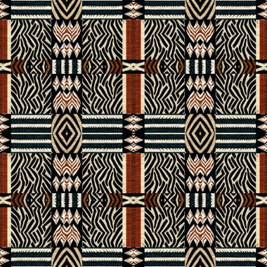 African kente cloth patchwork effect pattern. Seamless geometric quilt fabric all over background. Patched boho rug safari shirt repetitive tile swatch.