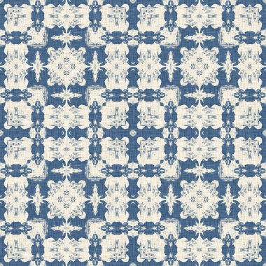 Eski püskü ev dekorasyonu için Fransız mavisi yorgan deseni. Kırsal çiftlik evi. Kır evi, keten, pürüzsüz arka plan.