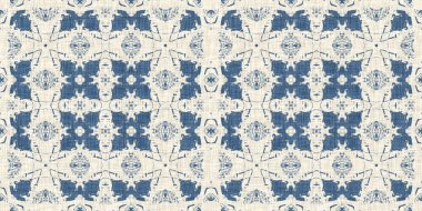 Eski püskü ev dekorasyonu için Fransız mavisi yorgan desenli kumaş kenar deseni. Kırsal çiftlik evi kır evi çiçekli keten sonsuz bant. Yamalı yorgan efekti kurdele kenarı