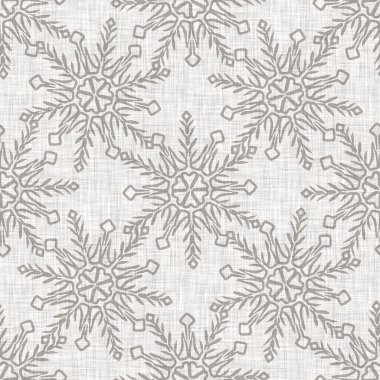 Kusursuz Noel kar taneleri örülmüş keten desenler. İki ton, mevsimlik gri çiftlik evinin donma arka planı. Fransız Xmas karları için tatil tekstili.