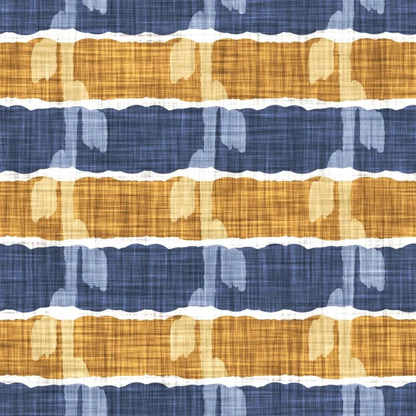 Seamless French country kitchen stripe fabric pattern print. Blue yellow white horizontal striped background. Batik dye provence style rustic woven cottagecore textile