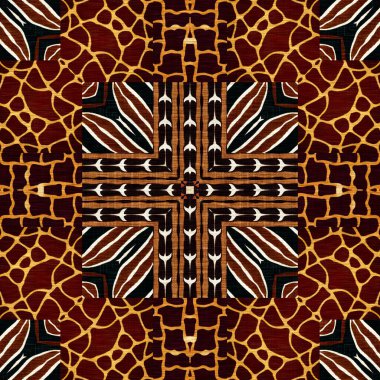 African kente cloth patchwork effect pattern. Seamless geometric quilt fabric all over background. Patched boho rug safari shirt repetitive tile swatch