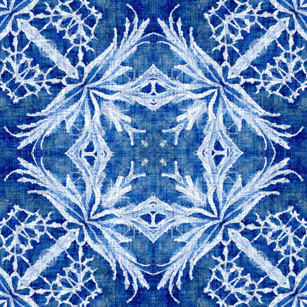 Ίντιγκο Μπλε Νιφάδα Χιονιού Μοτίβο Φόντο Φρόστι Μπατίκ Ζωγραφικό Αποτέλεσμα — Φωτογραφία Αρχείου