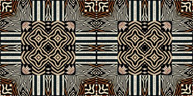 African kente cloth patchwork effect border pattern. Seamless geometric quilt fabric edging trim background. Patched boho rug safari shirt repetitive ribbon endless band