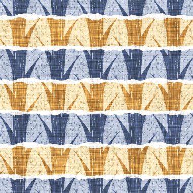 Kusursuz Fransız kırsal mutfak çizgili kumaş deseni. Mavi sarı beyaz yatay çizgili arka plan. Batik Boyası Kaynak Stili Kırsal Örgü Cottagecore Tekstili