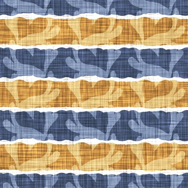 Seamless French country kitchen stripe fabric pattern print. Blue yellow white horizontal striped background. Batik dye provence style rustic woven cottagecore textile