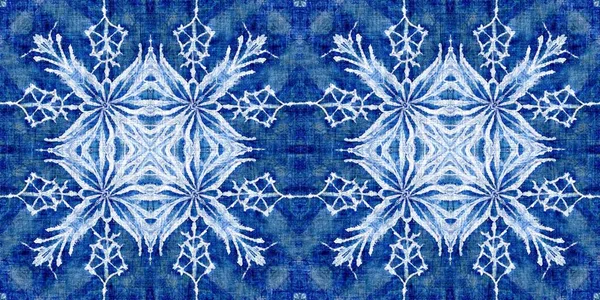 Indigo Blue Snow Flake Border Background Frosty Batik Painterly Effect — Stock Photo, Image
