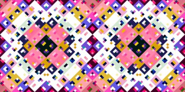 Retro geometrik piksel desen. Eğlenceli kaleydoskopik pembe duvar kağıdı. Kusursuz doku arkaplanı için renkli bir klasik jeo nokta mozaiği