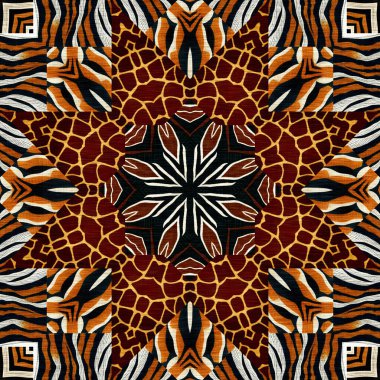 African kente cloth patchwork effect pattern. Seamless geometric quilt fabric all over background. Patched boho rug safari shirt repetitive tile swatch