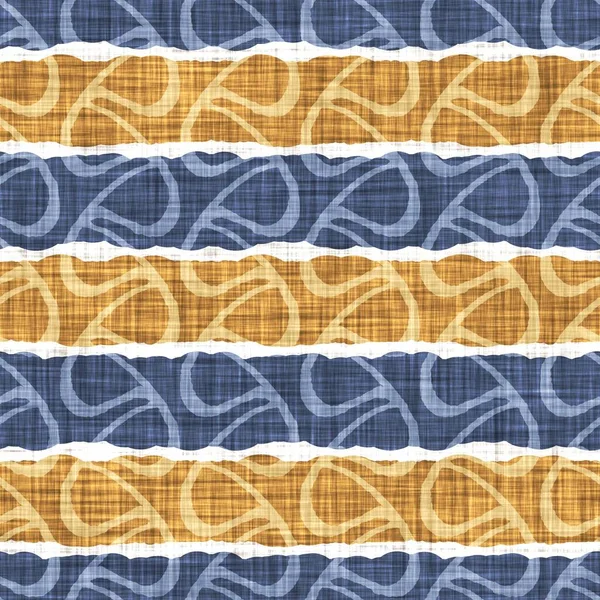 Seamless French country kitchen stripe fabric pattern print. Blue yellow white horizontal striped background. Batik dye provence style rustic woven cottagecore textile