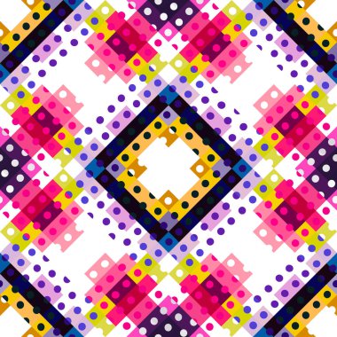Garip geometrik piksel desen. Eğlenceli kaleydoskopik pembe duvar kağıdı. Kusursuz doku arkaplanı için renkli bir klasik jeo nokta mozaiği