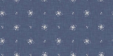 Kusursuz Noel kar taneleri örülmüş keten desenler. İki ton, mevsimlik çiftlik evi mavi don arka planı. Fransız Xmas karları için tatil tekstili