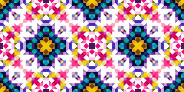 Retro geometrik piksel desen. Eğlenceli kaleydoskopik pembe duvar kağıdı. Kusursuz doku arkaplanı için renkli bir klasik jeo nokta mozaiği