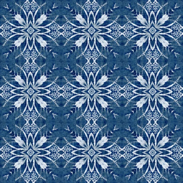 Indigo Blue Snow Flake Damask Pattern Background Frosty Painterly Effect — Stock Fotó