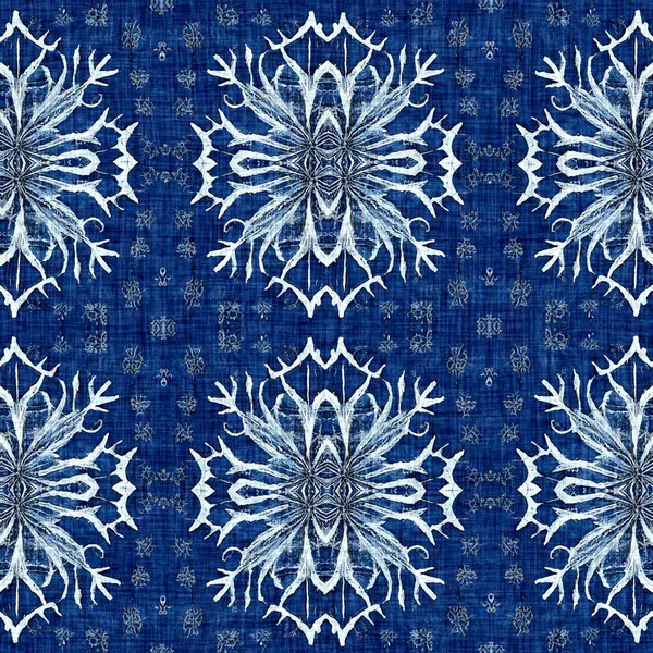 Indigo Blue Snow Flake Pattern Background Frosty Batik Painterly Effect — 图库照片