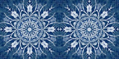 İndigo mavisi kar taneleri sınır arkaplanı. Frosty batik boyama efekti pürüzsüz kenar. Soğuk bayram şenliği kurdelesi. 