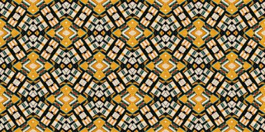 Geleneksel fayanslı, pürüzsüz sınır deseni. Kumaş efekti Meksika yaması damaske kenar kesimi. Kare şeklindeki simetrik arkaplan tekstil şeridi. Yaratıcı renkli grafik tasarım pankartı