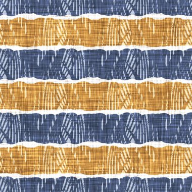 Kusursuz Fransız kırsal mutfak çizgili kumaş deseni. Mavi sarı beyaz yatay çizgili arka plan. Batik Boyası Kaynak Stili Kırsal Örgü Cottagecore Tekstili