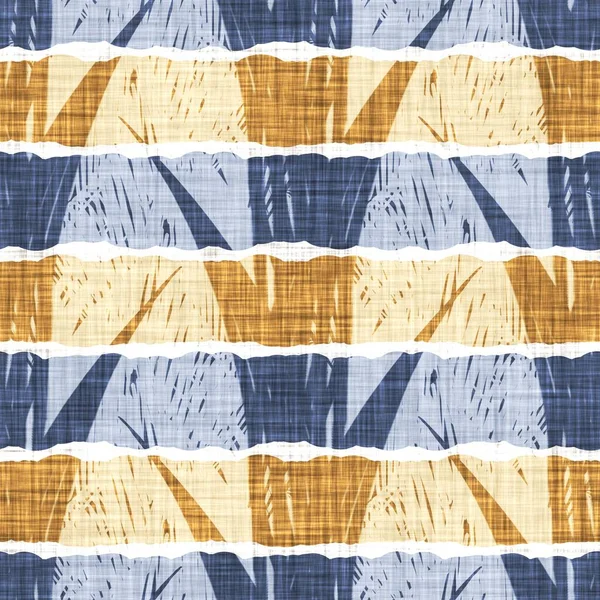 Seamless French country kitchen stripe fabric pattern print. Blue yellow white horizontal striped background. Batik dye provence style rustic woven cottagecore textile