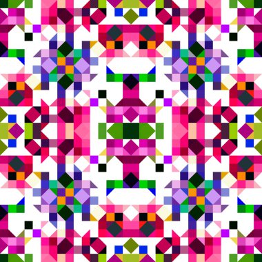 Retro geometrik piksel desen. Eğlenceli kaleydoskopik pembe duvar kağıdı. Kusursuz doku arkaplanı için renkli bir klasik jeo nokta mozaiği