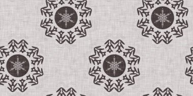 Kusursuz Noel kar taneleri örülmüş keten kenar. Mevsimlik iki ton kahverengi çiftlik evi donması. Fransız Xmas kar haçı bandı için tatil tekstili