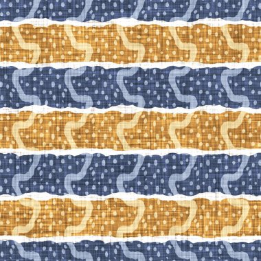 Kusursuz Fransız kırsal mutfak çizgili kumaş deseni. Mavi sarı beyaz yatay çizgili arka plan. Batik Boyası Kaynak Stili Kırsal Örgü Cottagecore Tekstili