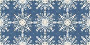 Çiftlik evi mavi kar taneleri sınır arkaplanı. Frosty Damasch Fransız Etkisi kurdelesi. Soğuk bayram bayramı washi kaseti