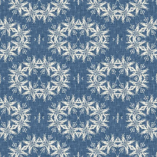 Farmhouse blue snow flake pattern background. Frosty batik damask french effect seamless backdrop. Festive cold holiday season wall paper tile