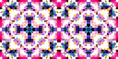 Retro geometrik piksel desen. Eğlenceli kaleydoskopik pembe duvar kağıdı. Kusursuz doku arkaplanı için renkli bir klasik jeo nokta mozaiği