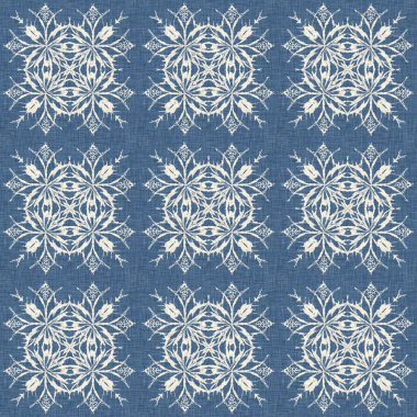 Çiftlik evi mavi kar tanesi desenli arka plan. Frosty batik damasch fransız efekti kusursuz arkaplan. Şenlikli soğuk tatil sezonu duvar kâğıdı döşemesi