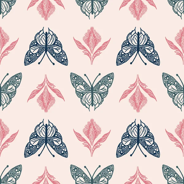 Retro Butterfly Seamless Pattern 70S Style Ecological Insect Garden Wildlife — Stockvektor