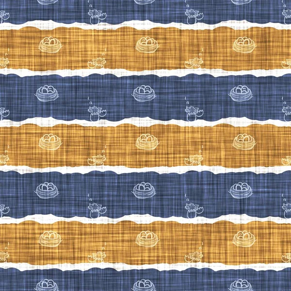 Seamless French Country Kitchen Stripe Fabric Pattern Print Blue Yellow — Stock Photo, Image