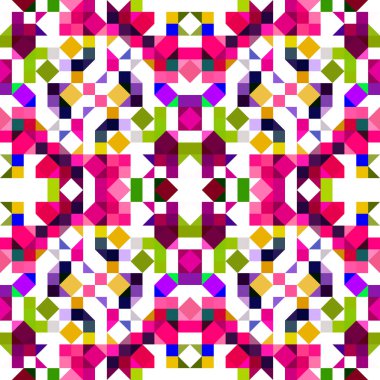 Retro geometrik piksel desen. Eğlenceli kaleydoskopik pembe duvar kağıdı. Kusursuz doku arkaplanı için renkli bir klasik jeo nokta mozaiği