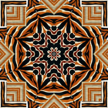 African kente cloth patchwork effect pattern. Seamless geometric quilt fabric all over background. Patched boho rug safari shirt repetitive tile swatch