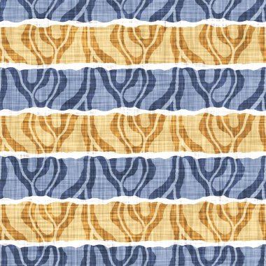 Kusursuz Fransız kırsal mutfak çizgili kumaş deseni. Mavi sarı beyaz yatay çizgili arka plan. Batik Boyası Kaynak Stili Kırsal Örgü Cottagecore Tekstili