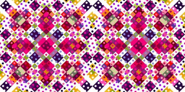 Garip geometrik piksel desen. Eğlenceli kaleydoskopik pembe duvar kağıdı. Kusursuz doku arkaplanı için renkli bir klasik jeo nokta mozaiği
