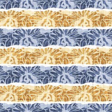 Kusursuz Fransız kırsal mutfak çizgili kumaş deseni. Mavi sarı beyaz yatay çizgili arka plan. Batik Boyası Kaynak Stili Kırsal Örgü Cottagecore Tekstili