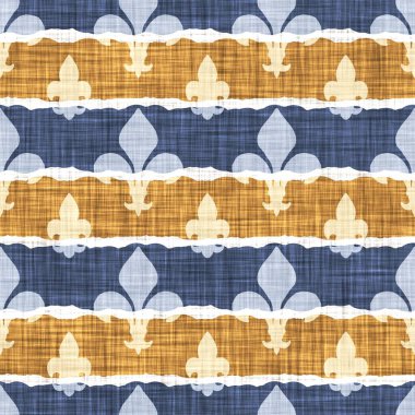 Kusursuz Fransız kırsal mutfak çizgili kumaş deseni. Mavi sarı beyaz yatay çizgili arka plan. Batik Boyası Kaynak Stili Kırsal Örgü Cottagecore Tekstili