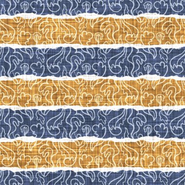Kusursuz Fransız kırsal mutfak çizgili kumaş deseni. Mavi sarı beyaz yatay çizgili arka plan. Batik Boyası Kaynak Stili Kırsal Örgü Cottagecore Tekstili