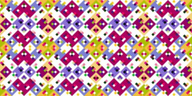 Retro geometrik piksel desen. Eğlenceli kaleydoskopik pembe duvar kağıdı. Kusursuz doku arkaplanı için renkli bir klasik jeo nokta mozaiği