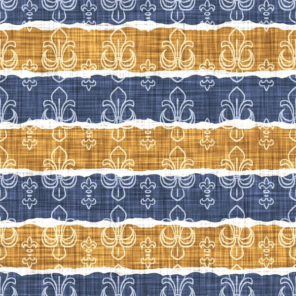 Seamless French country kitchen stripe fabric pattern print. Blue yellow white horizontal striped background. Batik dye provence style rustic woven cottagecore textile