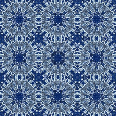 Indigo blue snow flake damask pattern background. Frosty painterly effect seamless backdrop. Festive cold holiday season wall paper tile