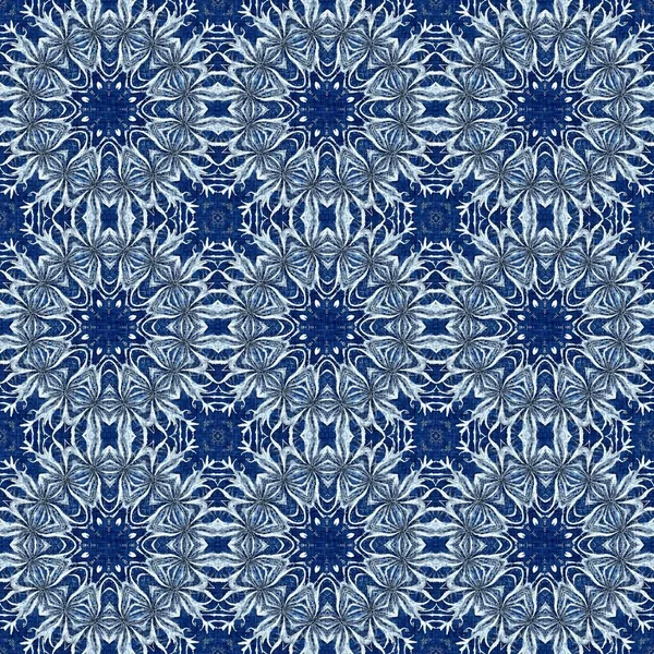 Indigo Blue Snow Flake Damask Pattern Background Frosty Painterly Effect — Fotografia de Stock