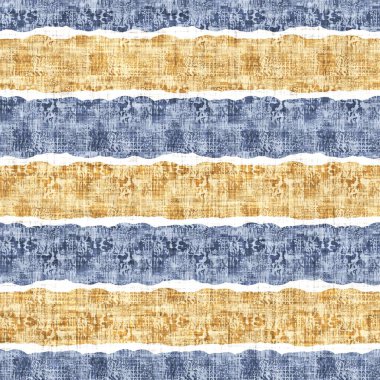 Kusursuz Fransız kırsal mutfak çizgili kumaş deseni. Mavi sarı beyaz yatay çizgili arka plan. Batik Boyası Kaynak Stili Kırsal Örgü Cottagecore Tekstili