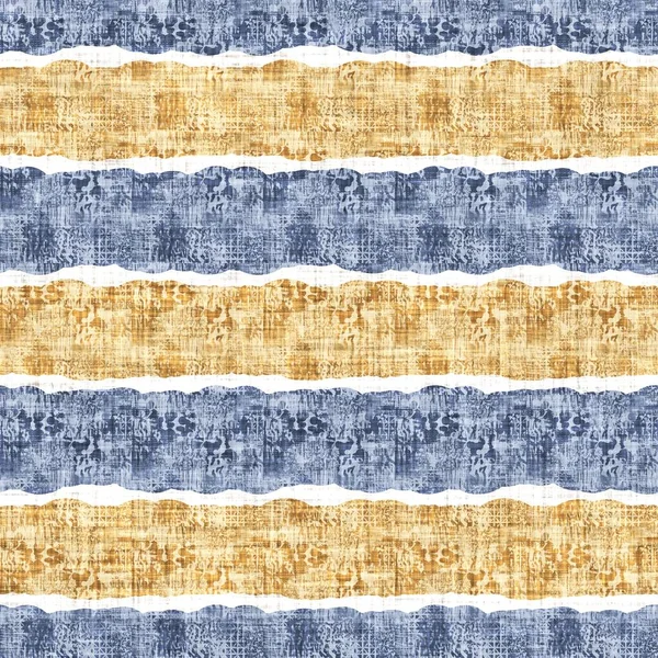 Kusursuz Fransız kırsal mutfak çizgili kumaş deseni. Mavi sarı beyaz yatay çizgili arka plan. Batik Boyası Kaynak Stili Kırsal Örgü Cottagecore Tekstili