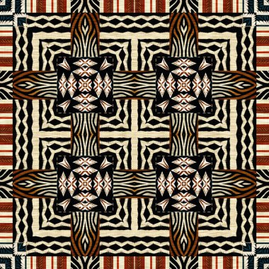 African kente cloth patchwork effect pattern. Seamless geometric quilt fabric all over background. Patched boho rug safari shirt repetitive tile swatch.