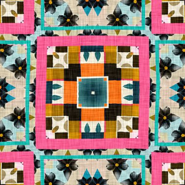 Kusursuz arka planda klasik geometrik tasarım. Canlı renkli grafik illüstrasyonuyla modaya uygun modern boho geo. Yama efekti örneği için fayansı tekrarla