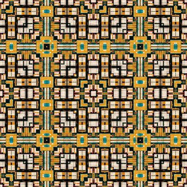 Geleneksel fayanslı, pürüzsüz mozaik iz. Kumaş efekti Meksika yamaca damask ızgara kare şekil simetrik arka plan tekstili. Yaratıcı renkli grafik tasarımı.